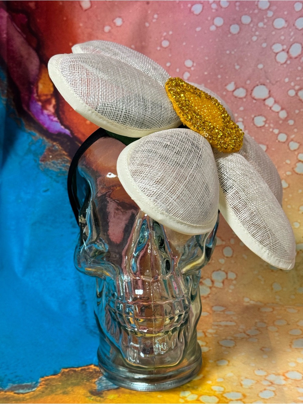 White Flower Flower fascinator with Gold Beaded Center